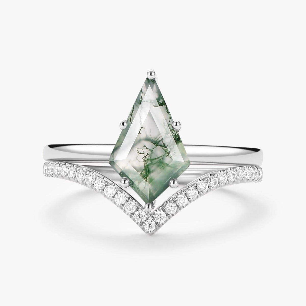 Kite Cut Moss Agate Engagement Ring Set 2pcs - Ash.