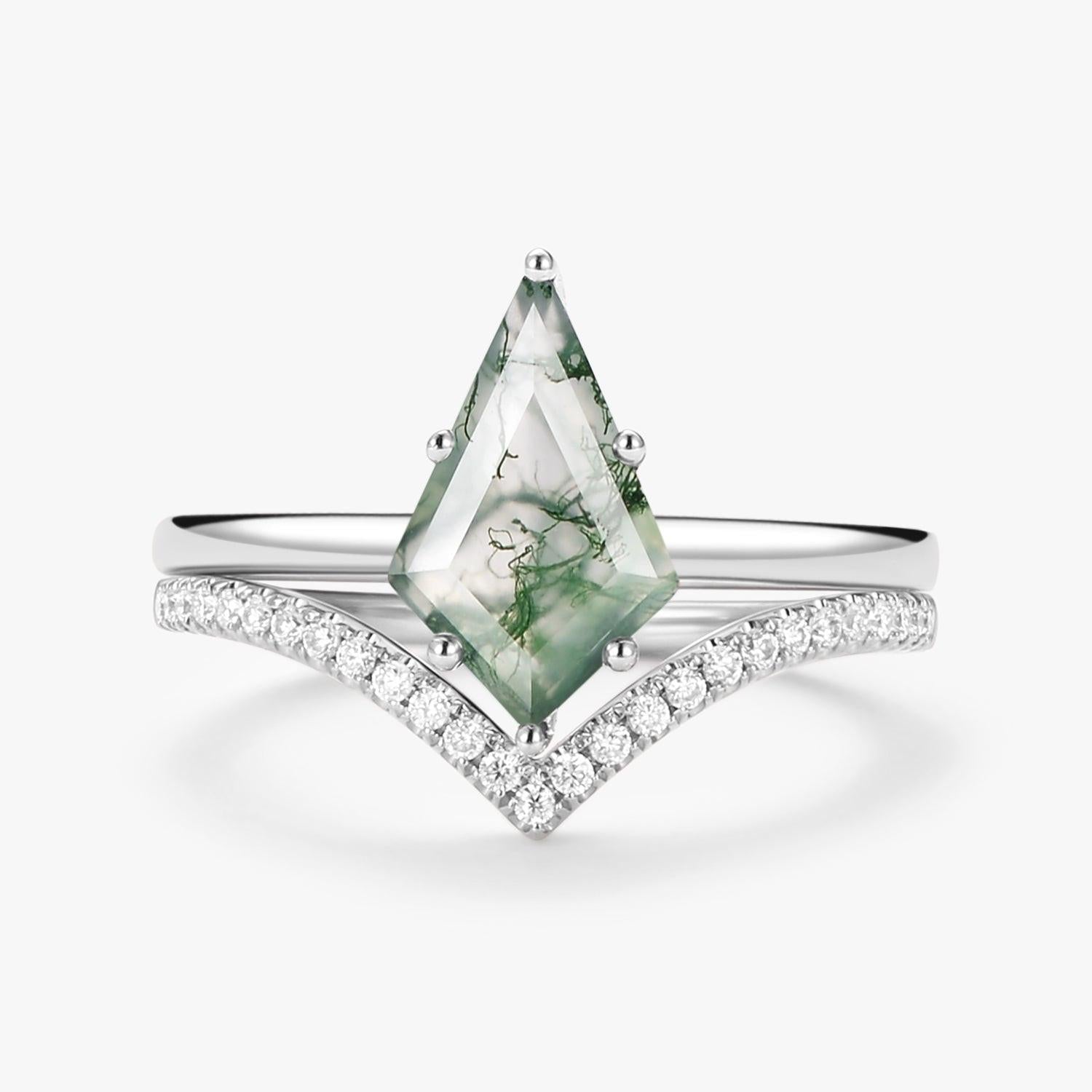 Kite Cut Moss Agate Engagement Ring Set 2pcs - Ash.