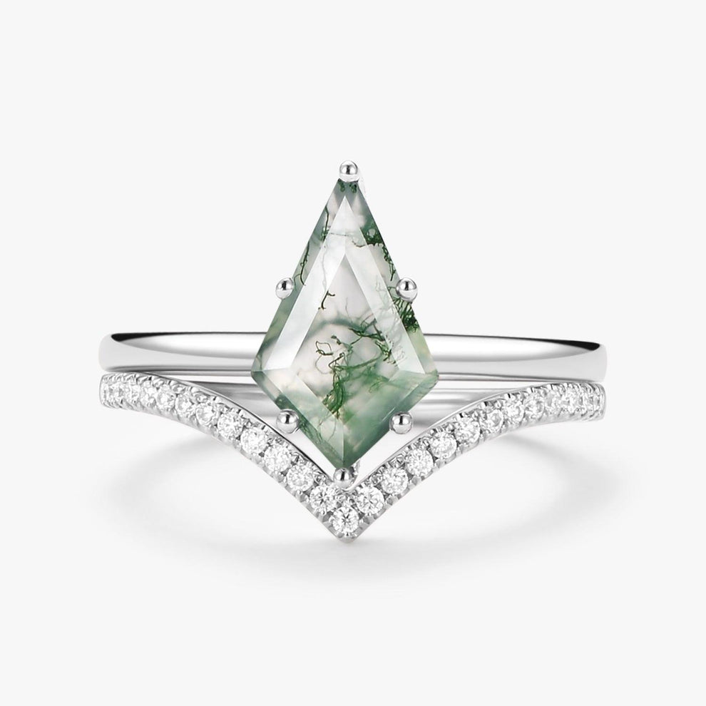 Kite Cut Moss Agate Engagement Ring Set 2pcs - Ash.