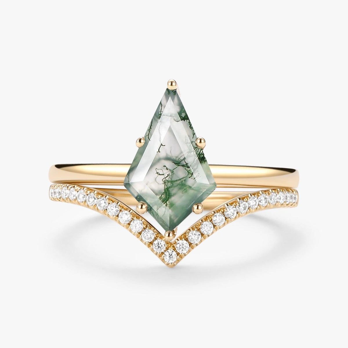 Kite Cut Moss Agate Engagement Ring Set 2pcs - Ash.