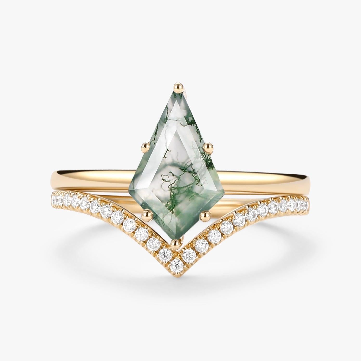 Kite Cut Moss Agate Engagement Ring Set 2pcs - Ash.