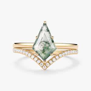 Kite Cut Moss Agate Engagement Ring Set 2pcs - Ash.