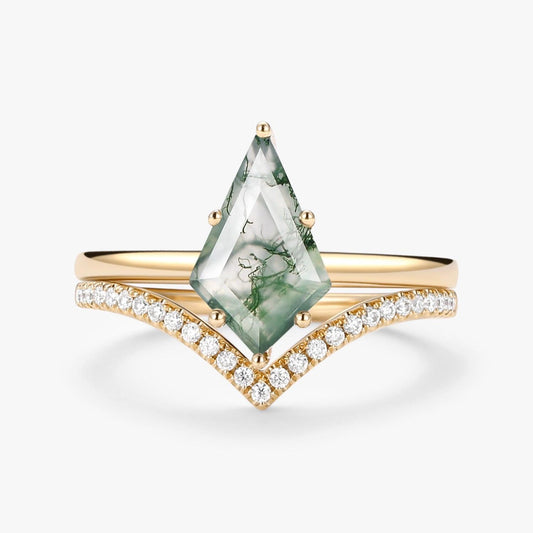 Kite Cut Moss Agate Engagement Ring Set 2pcs - Ash.