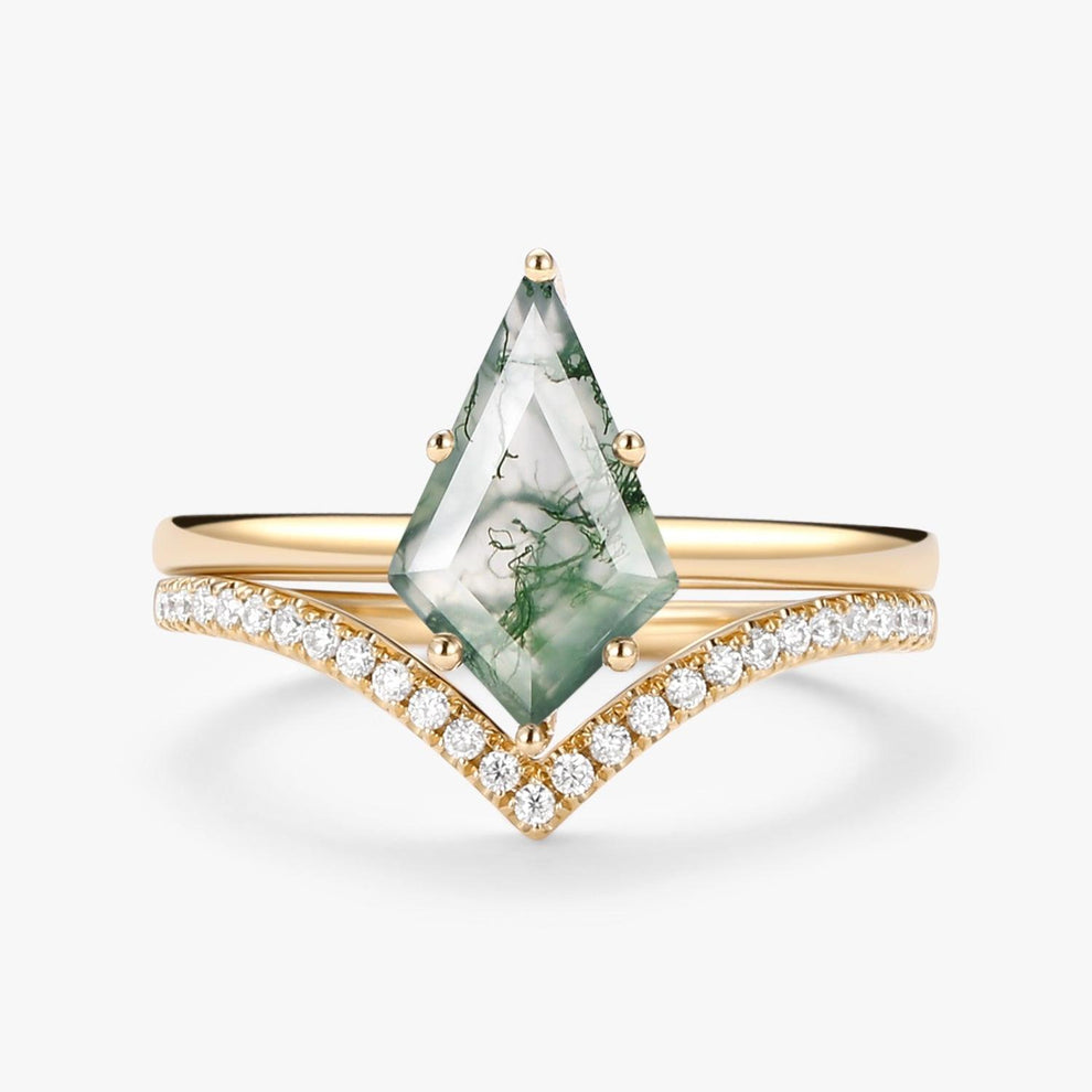 Kite Cut Moss Agate Engagement Ring Set 2pcs - Ash.