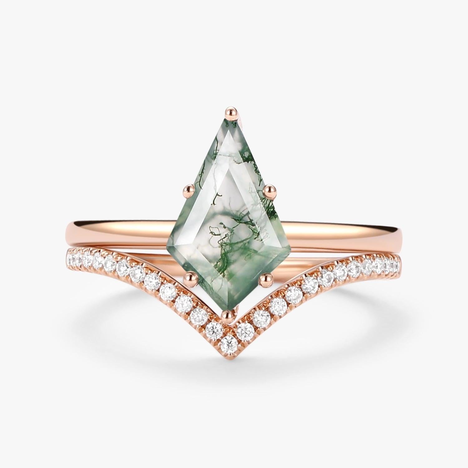 Kite Cut Moss Agate Engagement Ring Set 2pcs - Ash.