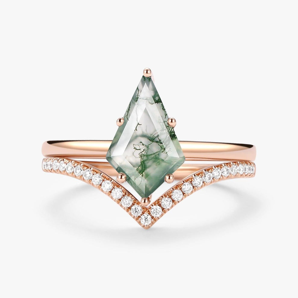 Kite Cut Moss Agate Engagement Ring Set 2pcs - Ash.