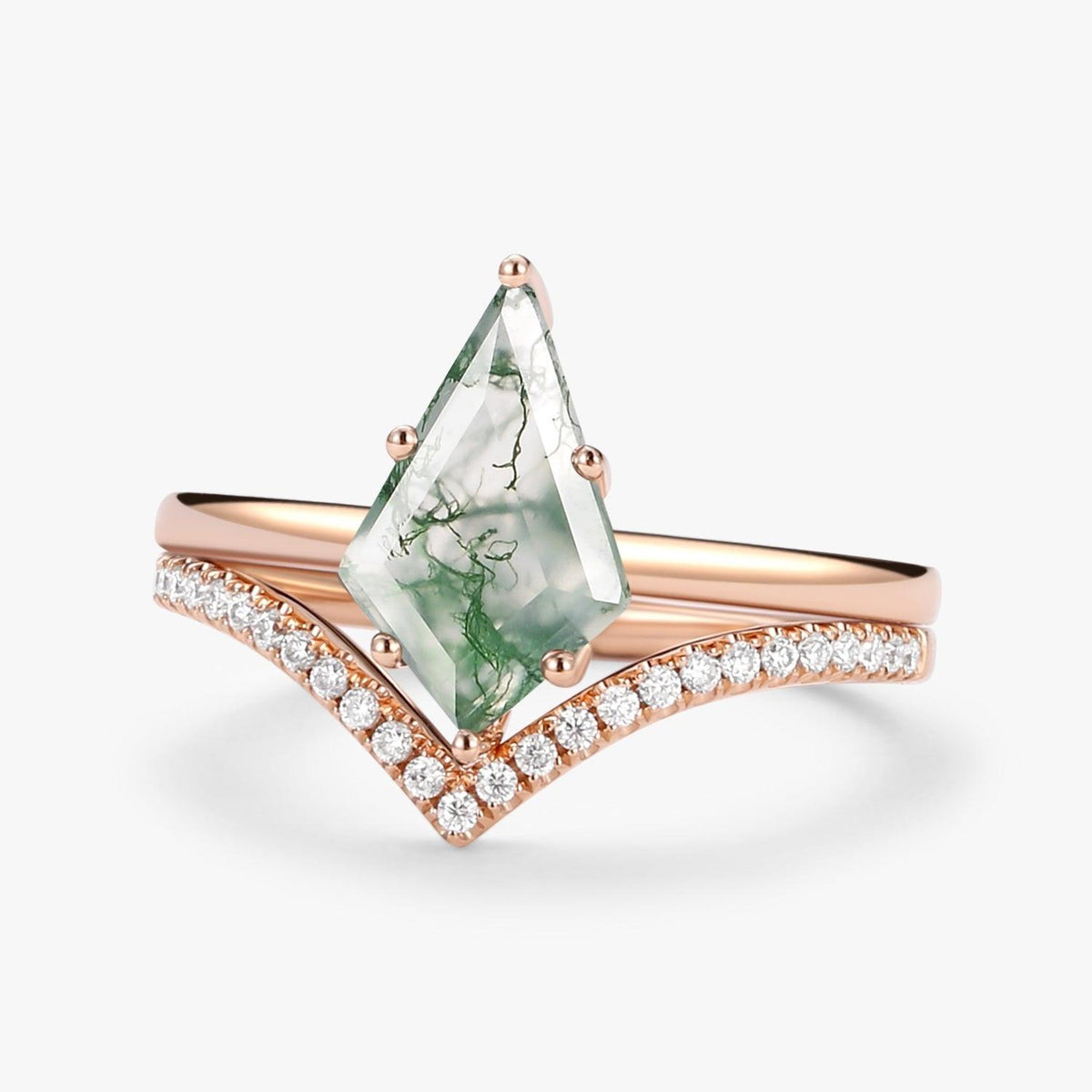 Kite Cut Moss Agate Engagement Ring Set 2pcs - Ash.