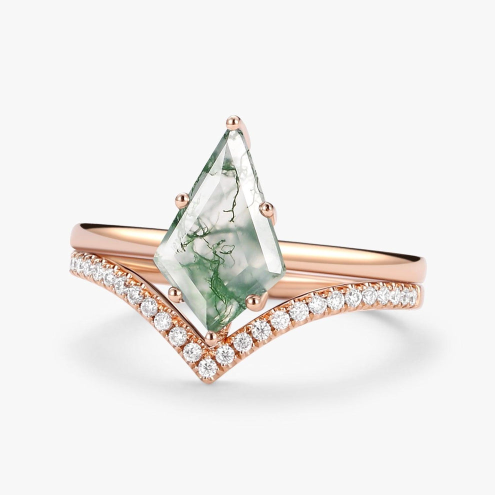 Kite Cut Moss Agate Engagement Ring Set 2pcs - Ash.