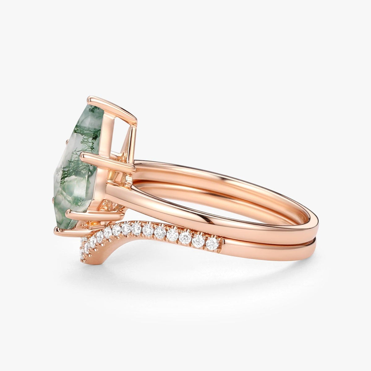 Kite Cut Moss Agate Engagement Ring Set 2pcs - Ash.