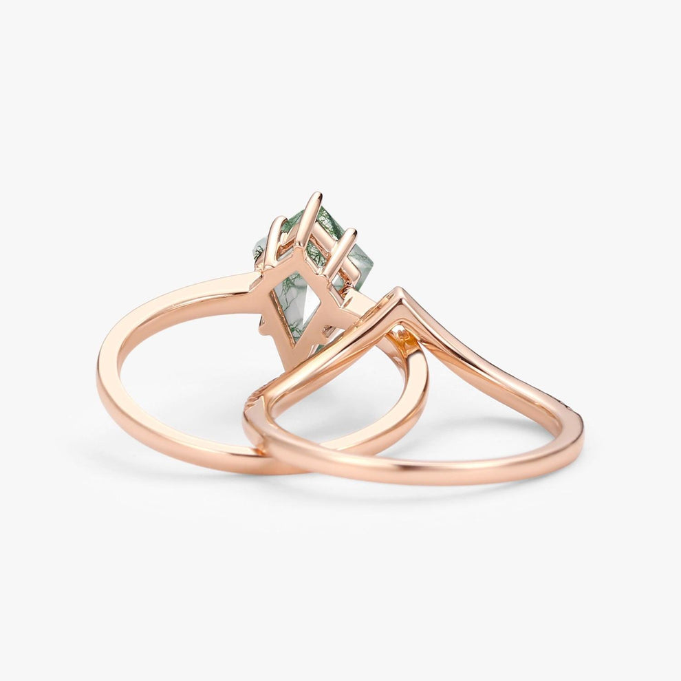 Kite Cut Moss Agate Engagement Ring Set 2pcs - Ash.
