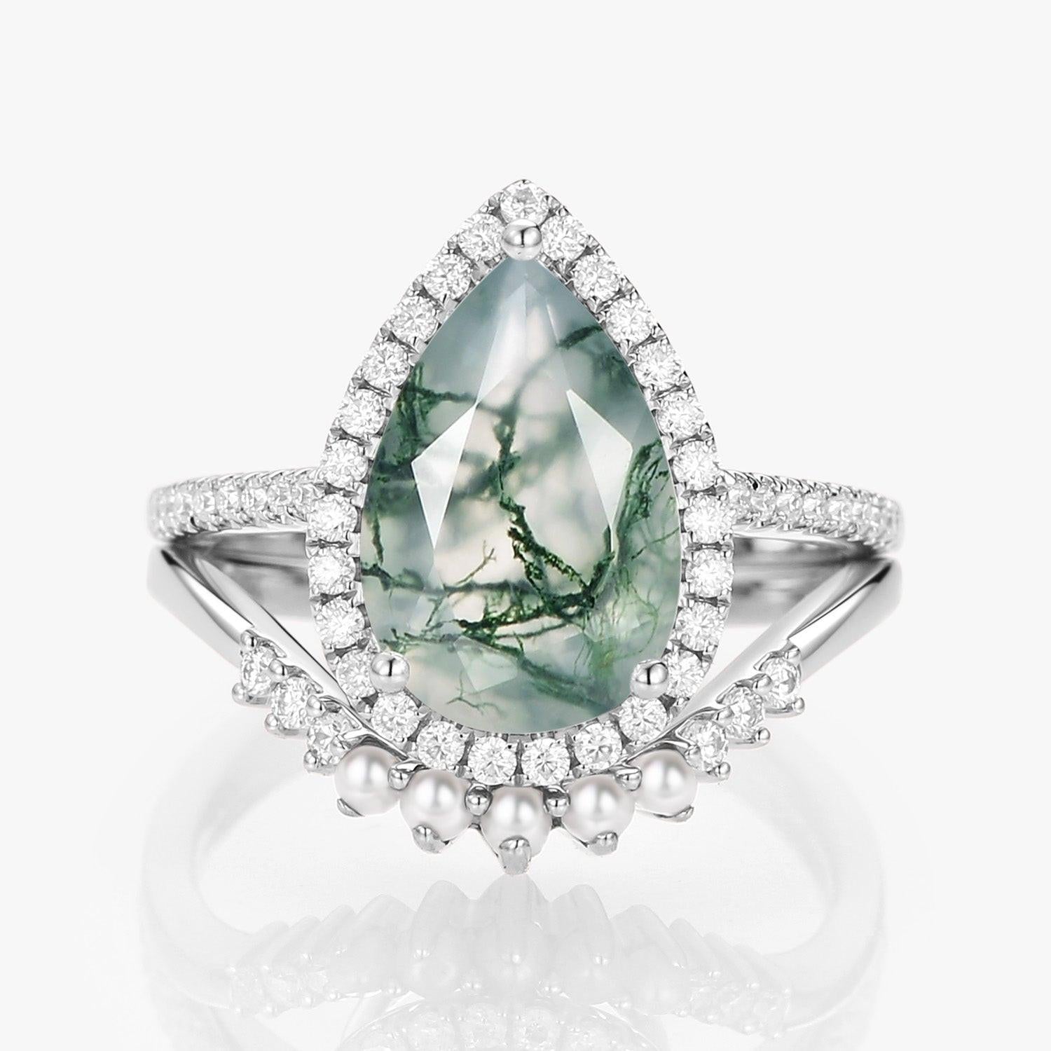 Verena 4.0ct Pear Moss Agate & Pearl Halo Ring Set 2pcs.