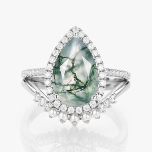 Verena 4.0ct Pear Moss Agate & Pearl Halo Ring Set 2pcs.