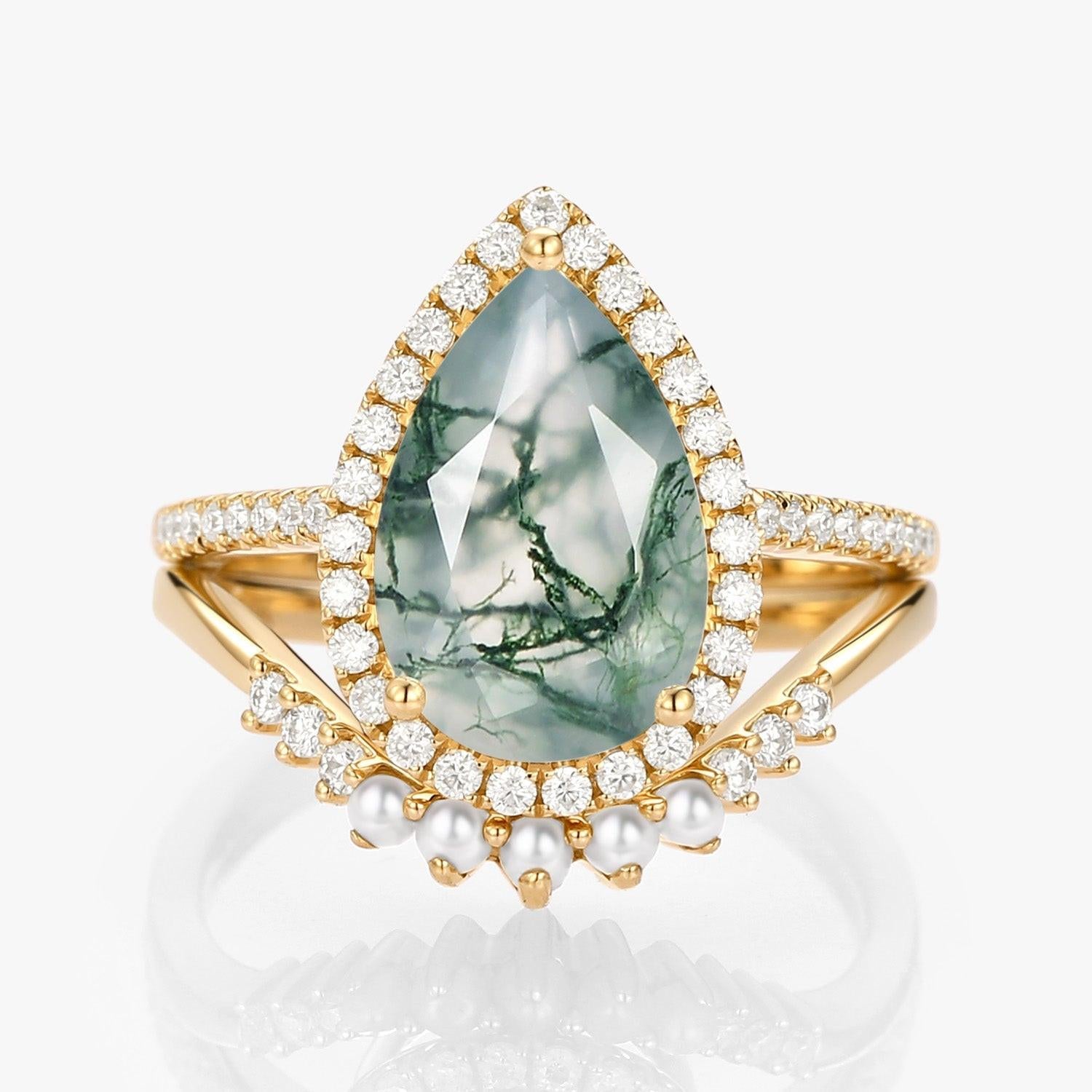 Verena 4.0ct Pear Moss Agate & Pearl Halo Ring Set 2pcs.