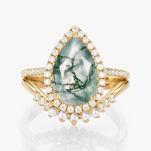 Verena 4.0ct Pear Moss Agate & Pearl Halo Ring Set 2pcs.