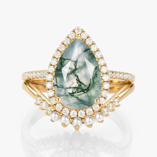 Verena 4.0ct Pear Moss Agate & Pearl Halo Ring Set 2pcs.