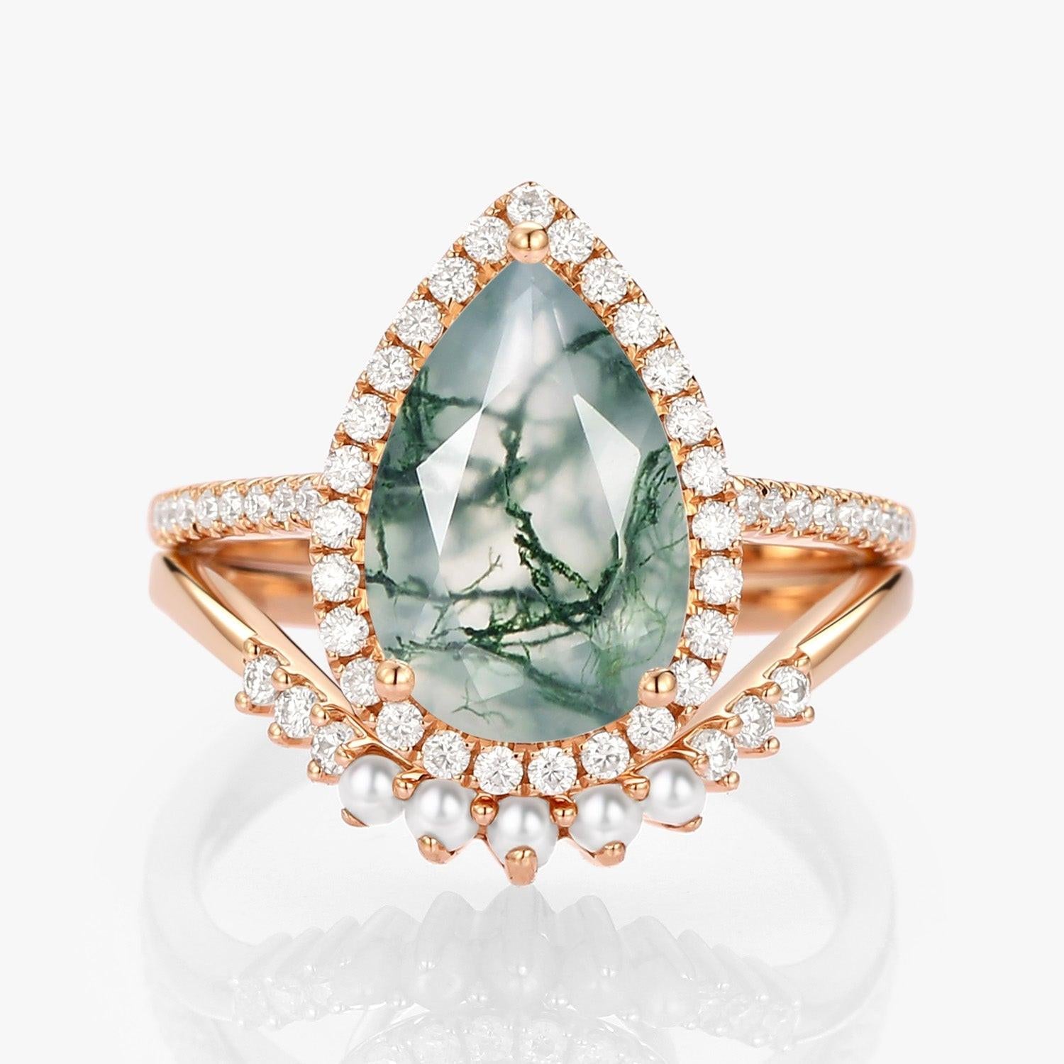 Verena 4.0ct Pear Moss Agate & Pearl Halo Ring Set 2pcs.
