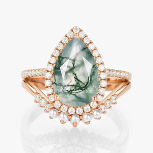 Verena 4.0ct Pear Moss Agate & Pearl Halo Ring Set 2pcs.