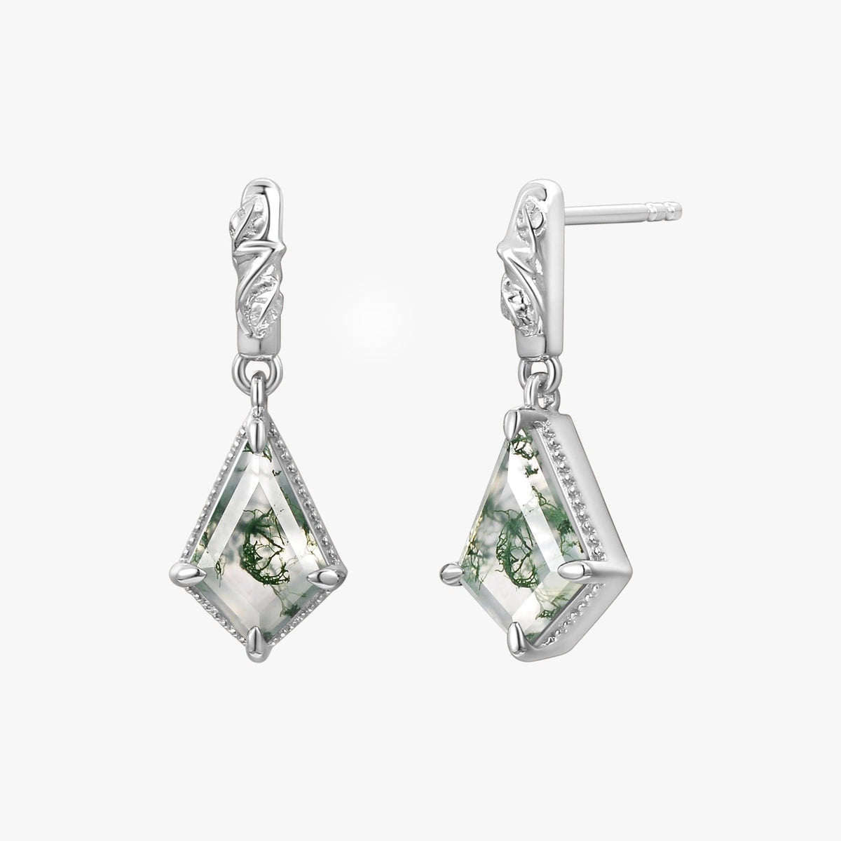 Lark Unique Kite Cut Moss Agate Nature Leafy Earrings.