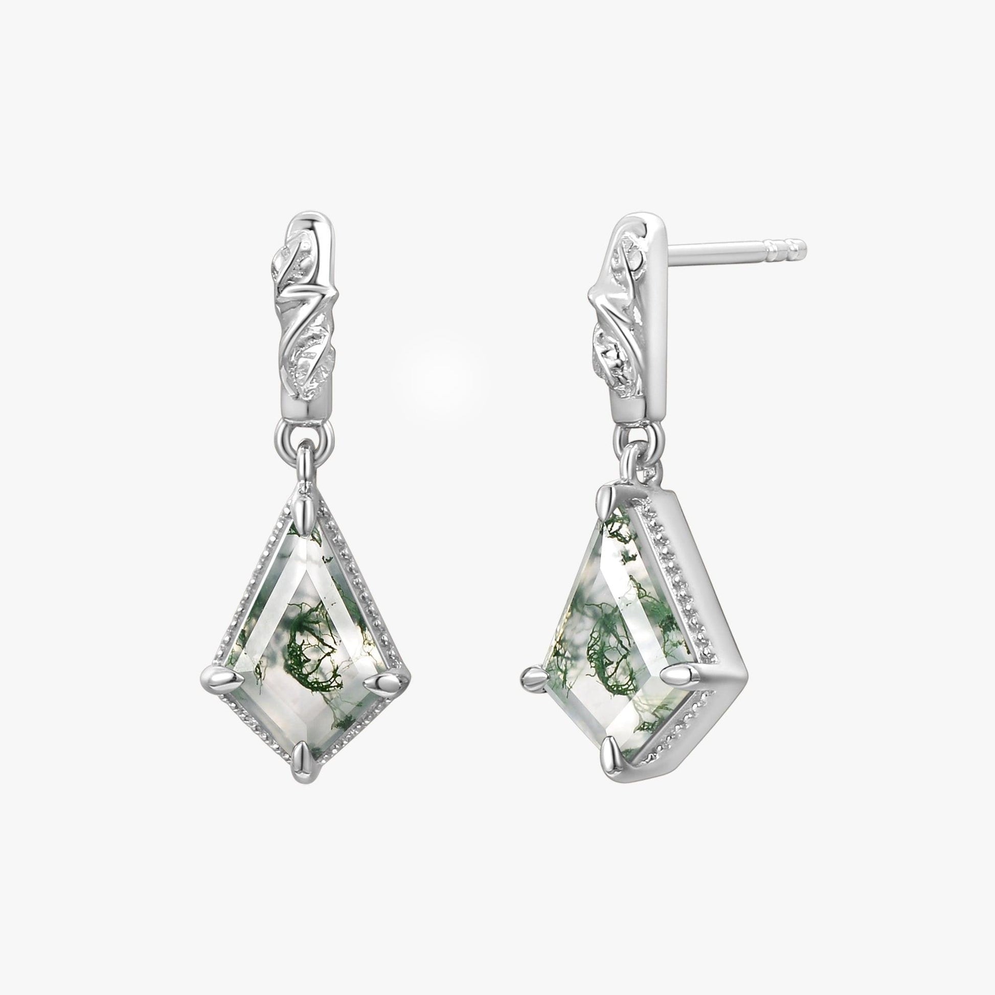 Lark Unique Kite Cut Moss Agate Nature Leafy Earrings.