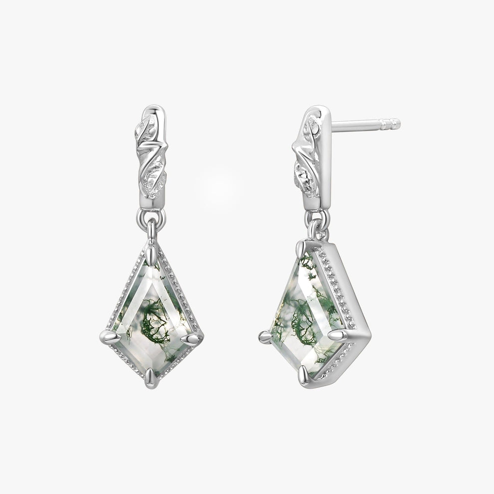 Lark Unique Kite Cut Moss Agate Nature Leafy Earrings.