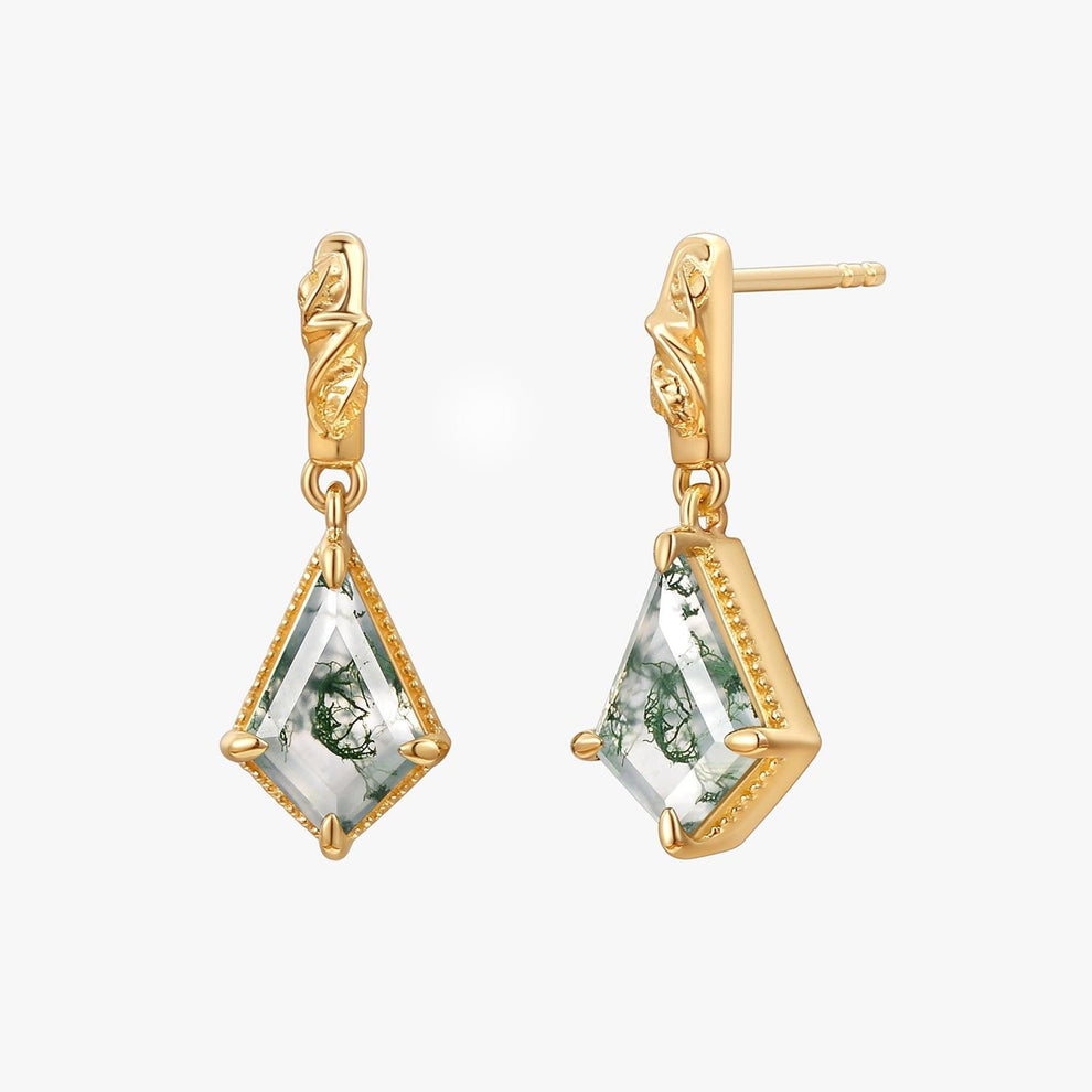 Lark Unique Kite Cut Moss Agate Nature Leafy Earrings.