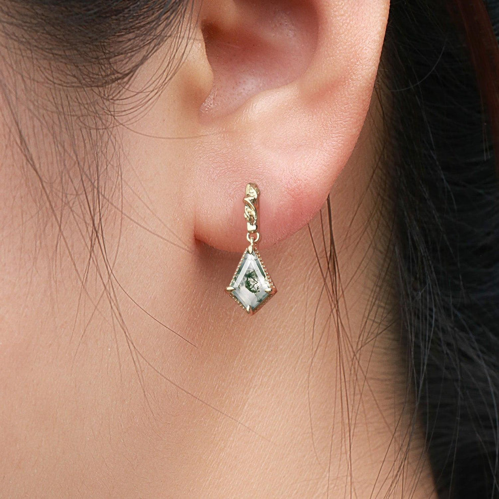 Lark Unique Kite Cut Moss Agate Nature Leafy Earrings.
