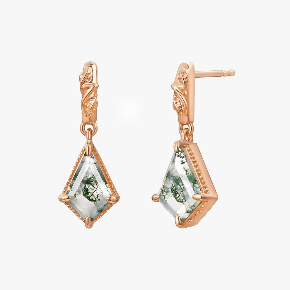 Lark Unique Kite Cut Moss Agate Nature Leafy Earrings.