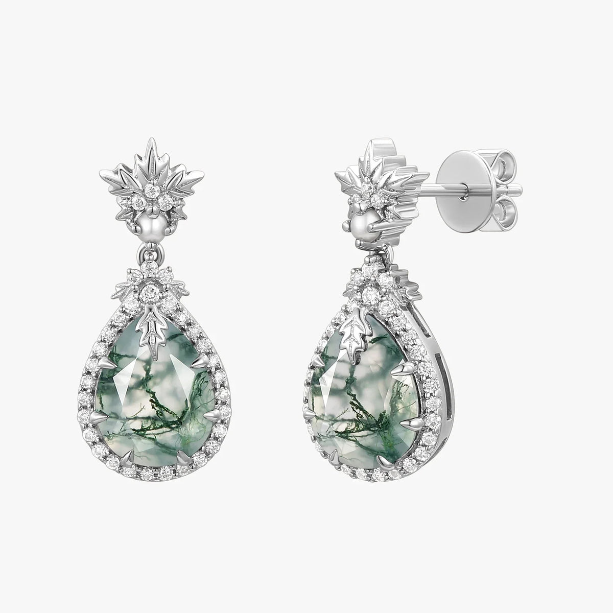 Natural Moss Agate & Pearl Vintage Inspired Yellow Gold Earrings.