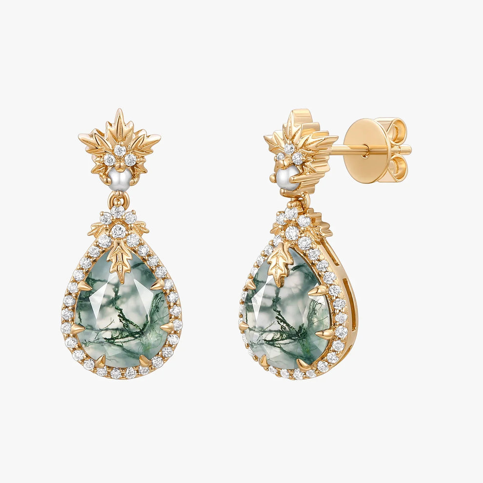 Natural Moss Agate & Pearl Vintage Inspired Yellow Gold Earrings.