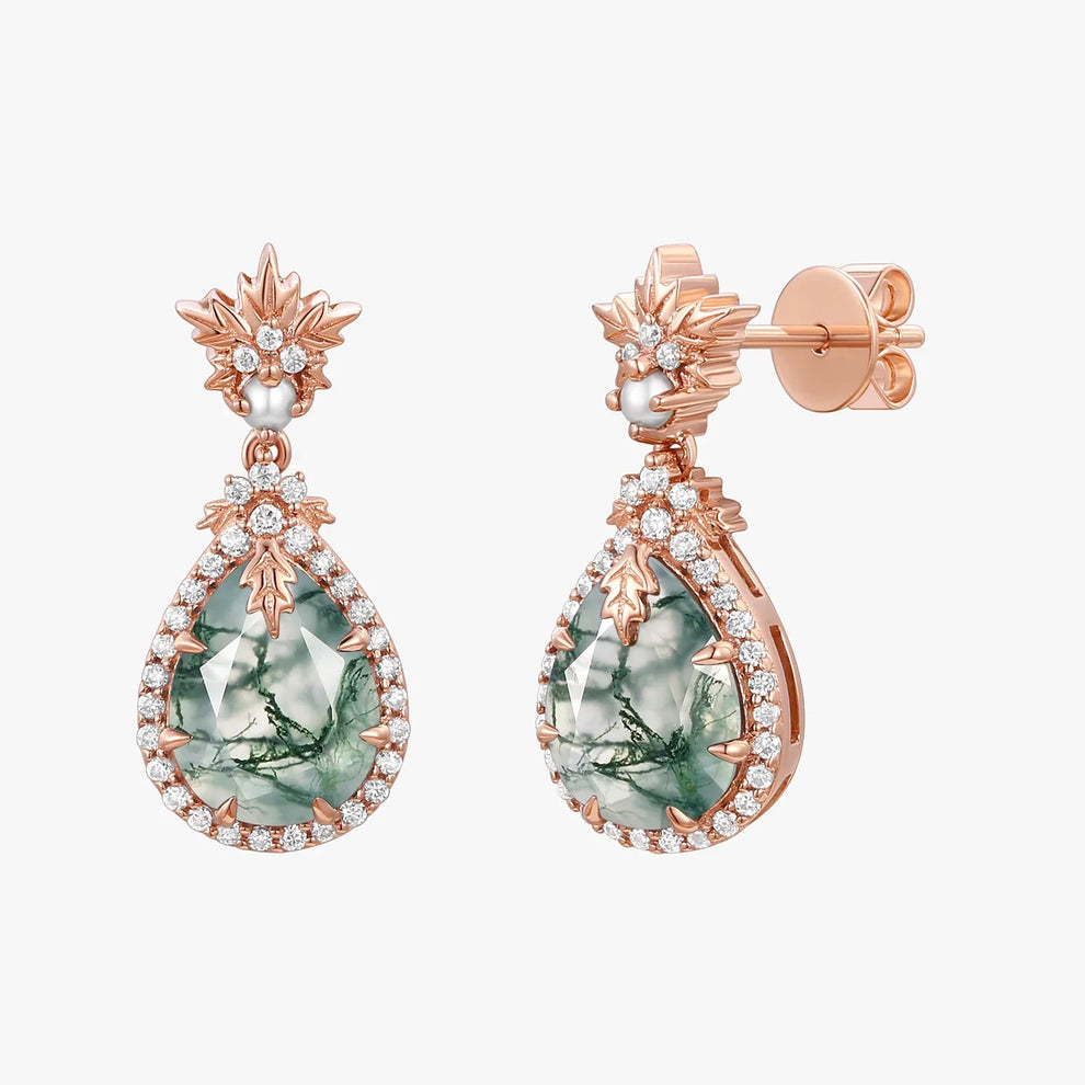 Natural Moss Agate & Pearl Vintage Inspired Yellow Gold Earrings.
