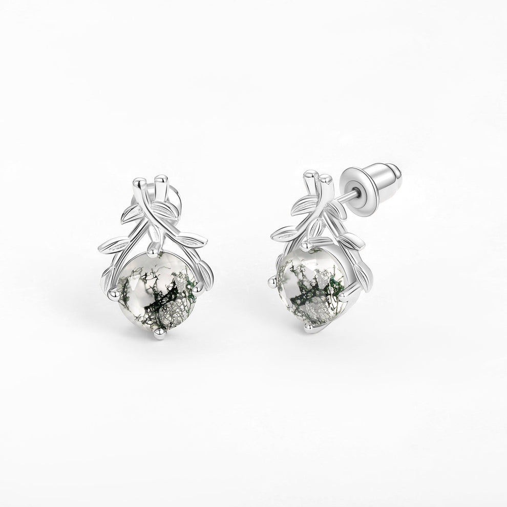 Moss Agate Round Shaped Leaf Vine White Gold Earrings.