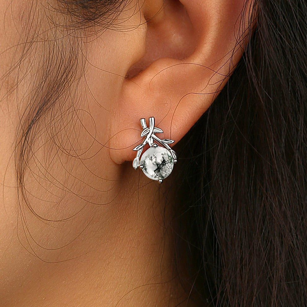 Moss Agate Round Shaped Leaf Vine White Gold Earrings.