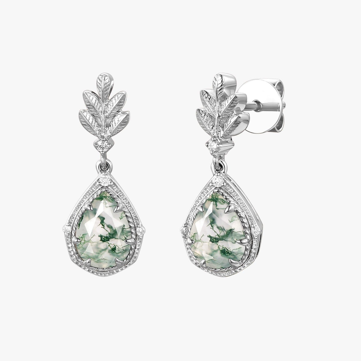 Pear Moss Agate & Moissanite Leafy Earrings.
