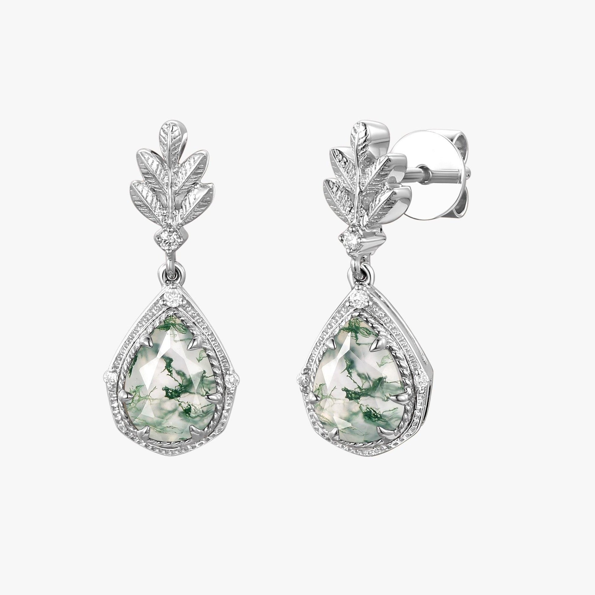 Pear Moss Agate & Moissanite Leafy Earrings.