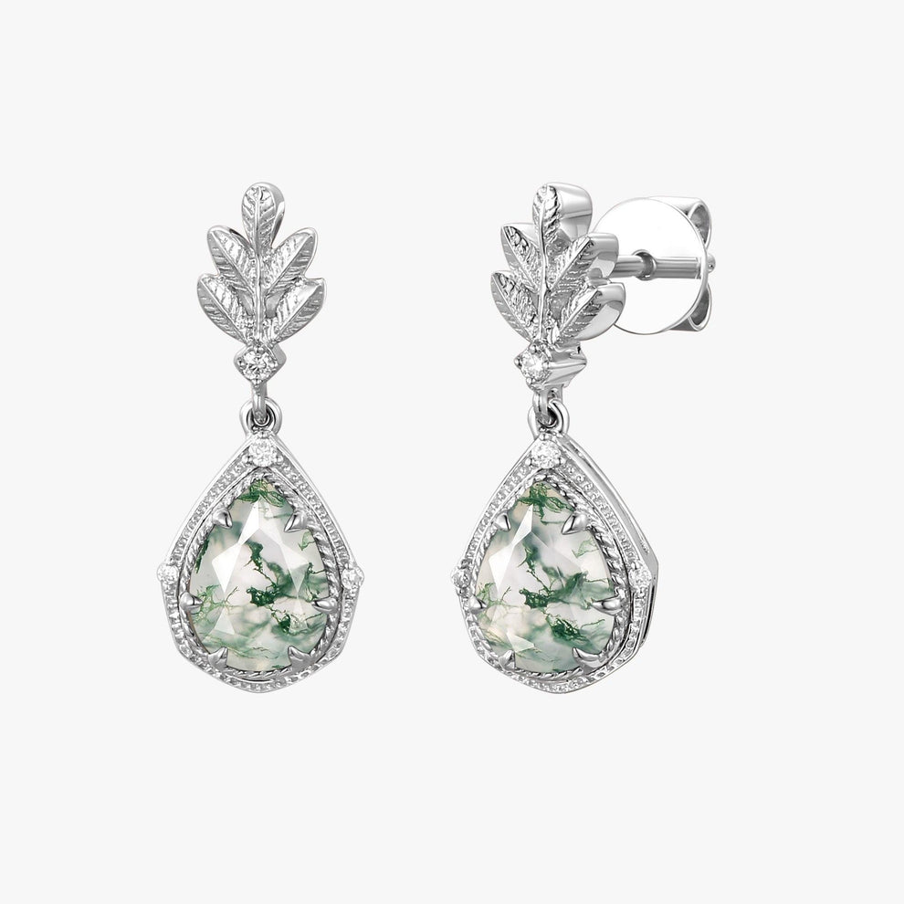 Pear Moss Agate & Moissanite Leafy Earrings.