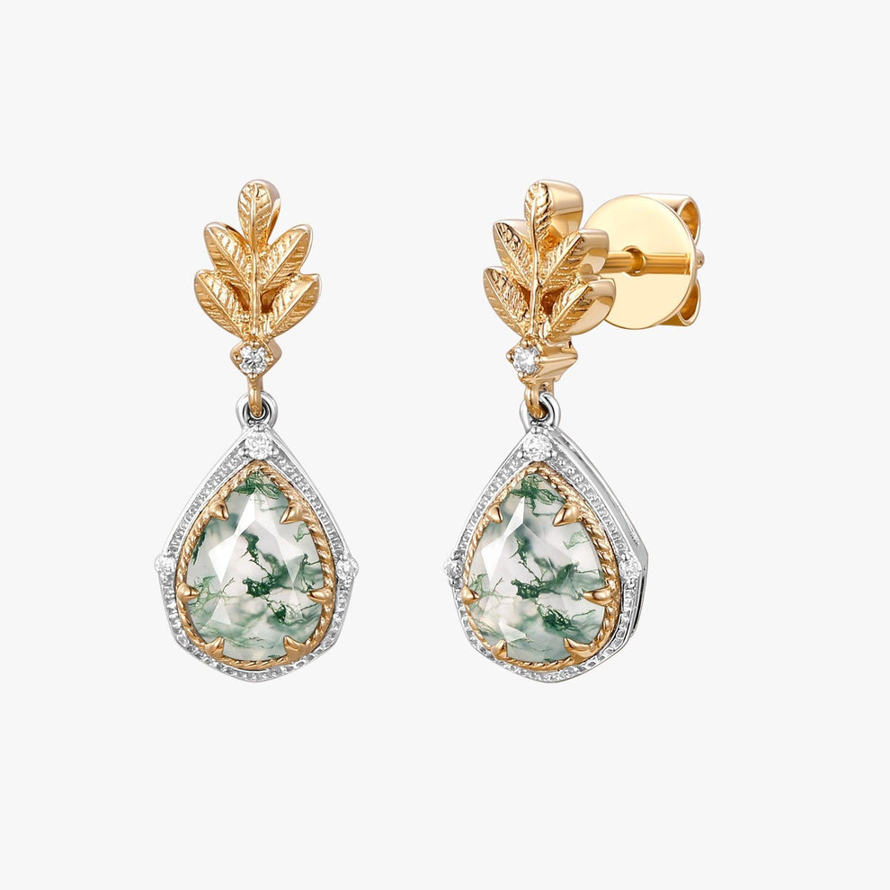 Pear Moss Agate & Moissanite Leafy Earrings.