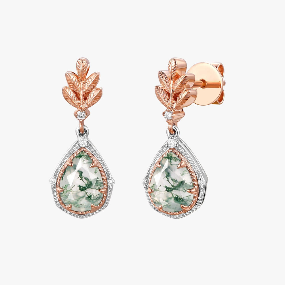 Pear Moss Agate & Moissanite Leafy Earrings.