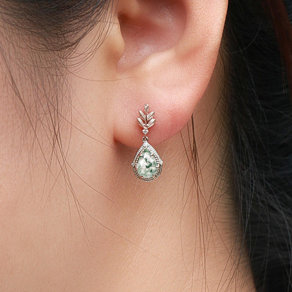 Pear Moss Agate & Moissanite Leafy Earrings.