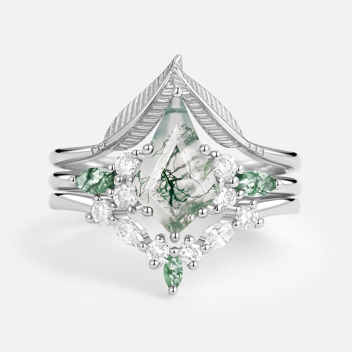 Kite Cut Green Moss Agate Three Stone Engagement Bridal Set 3pcs.