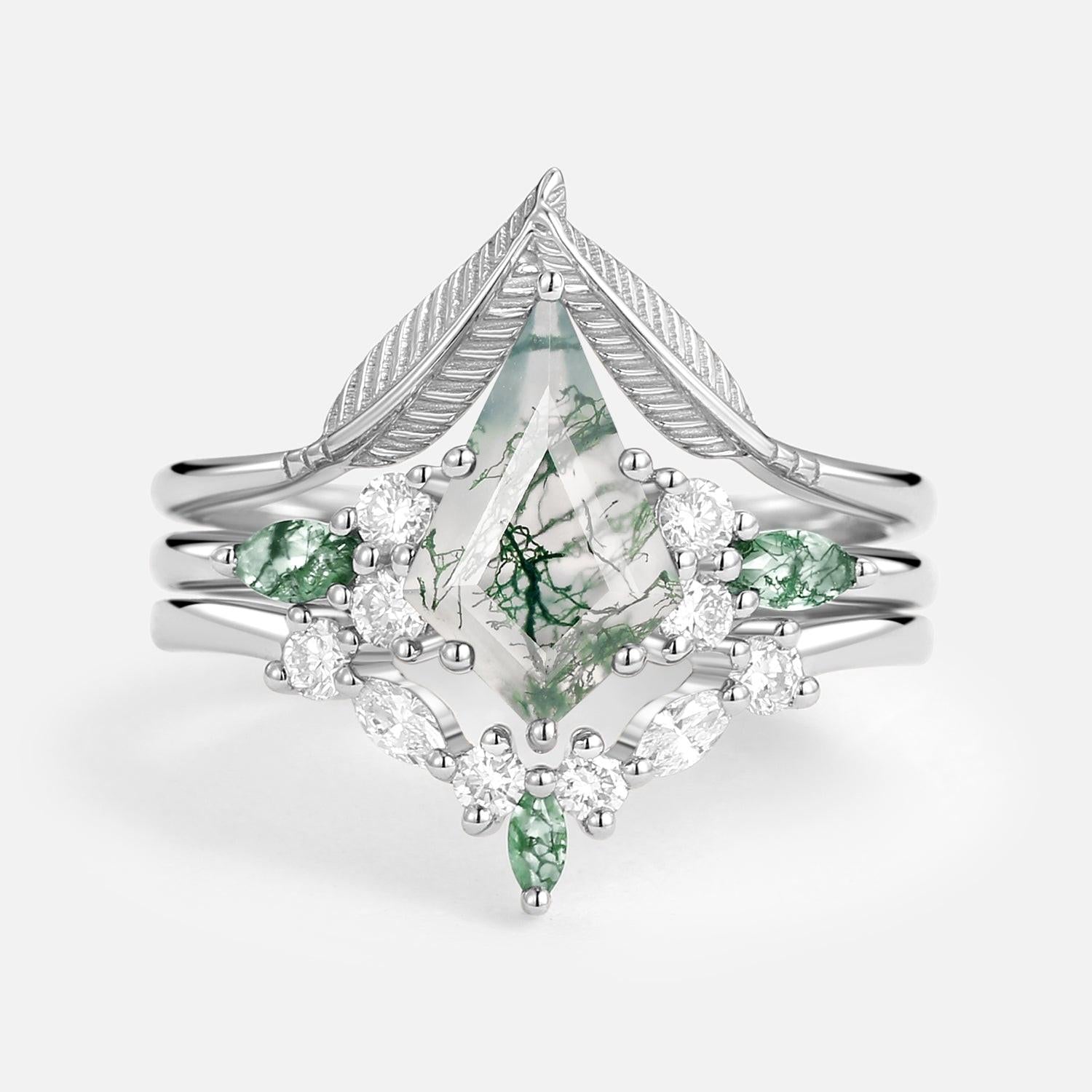 Kite Cut Green Moss Agate Three Stone Engagement Bridal Set 3pcs.