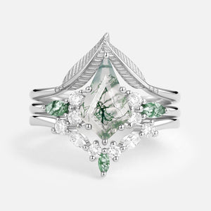 Kite Cut Green Moss Agate Three Stone Engagement Bridal Set 3pcs.