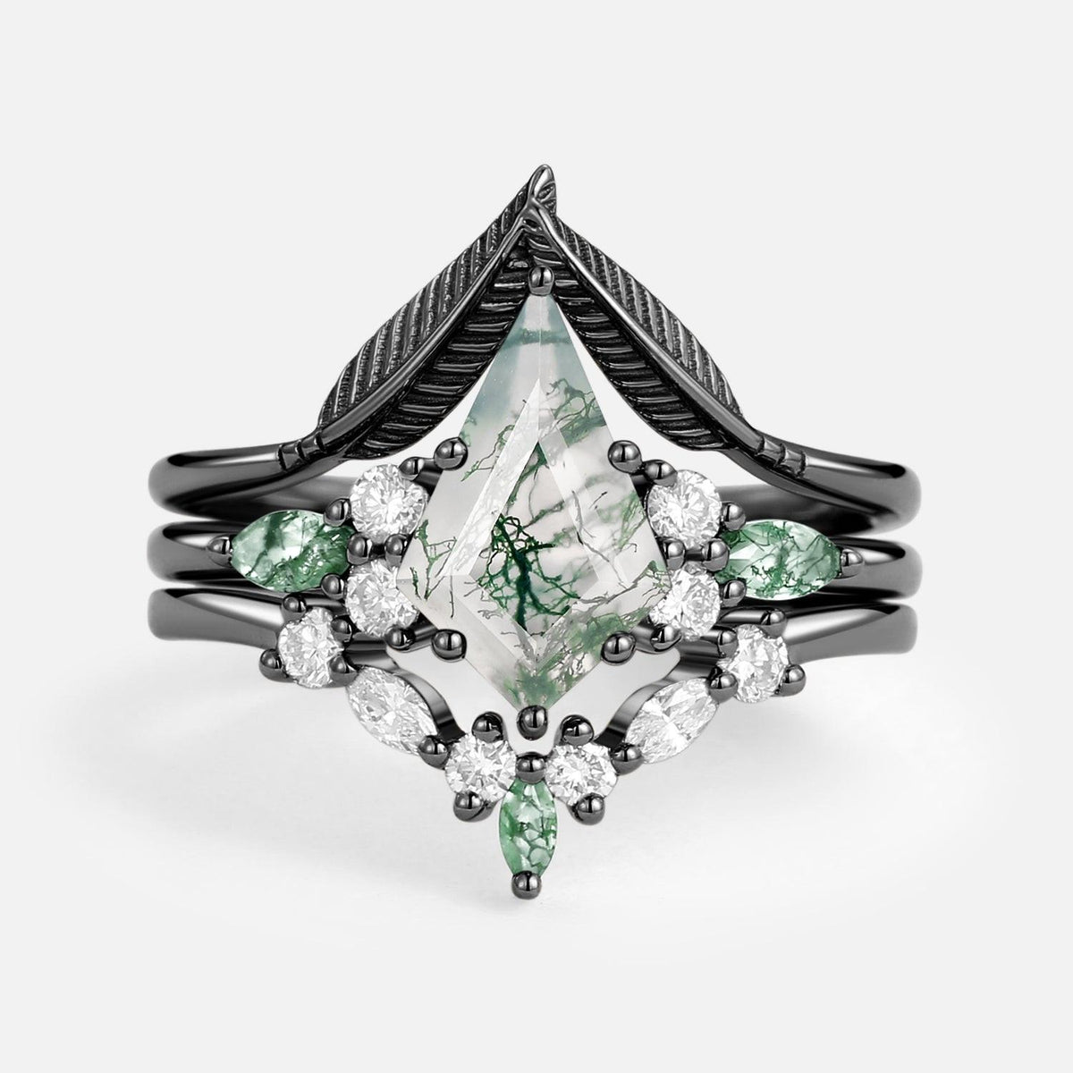 Kite Cut Green Moss Agate Three Stone Engagement Bridal Set 3pcs.
