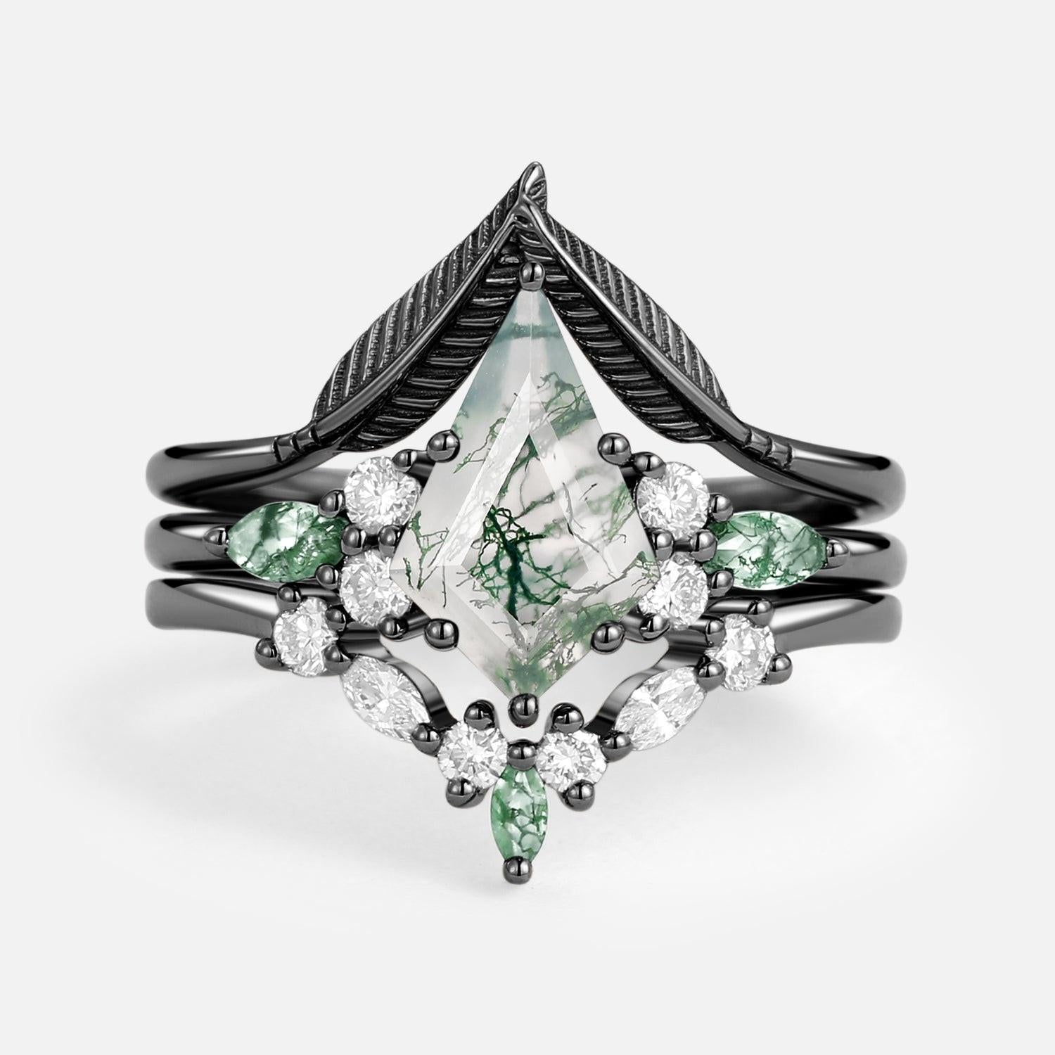 Kite Cut Green Moss Agate Three Stone Engagement Bridal Set 3pcs.