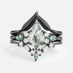 Kite Cut Green Moss Agate Three Stone Engagement Bridal Set 3pcs.