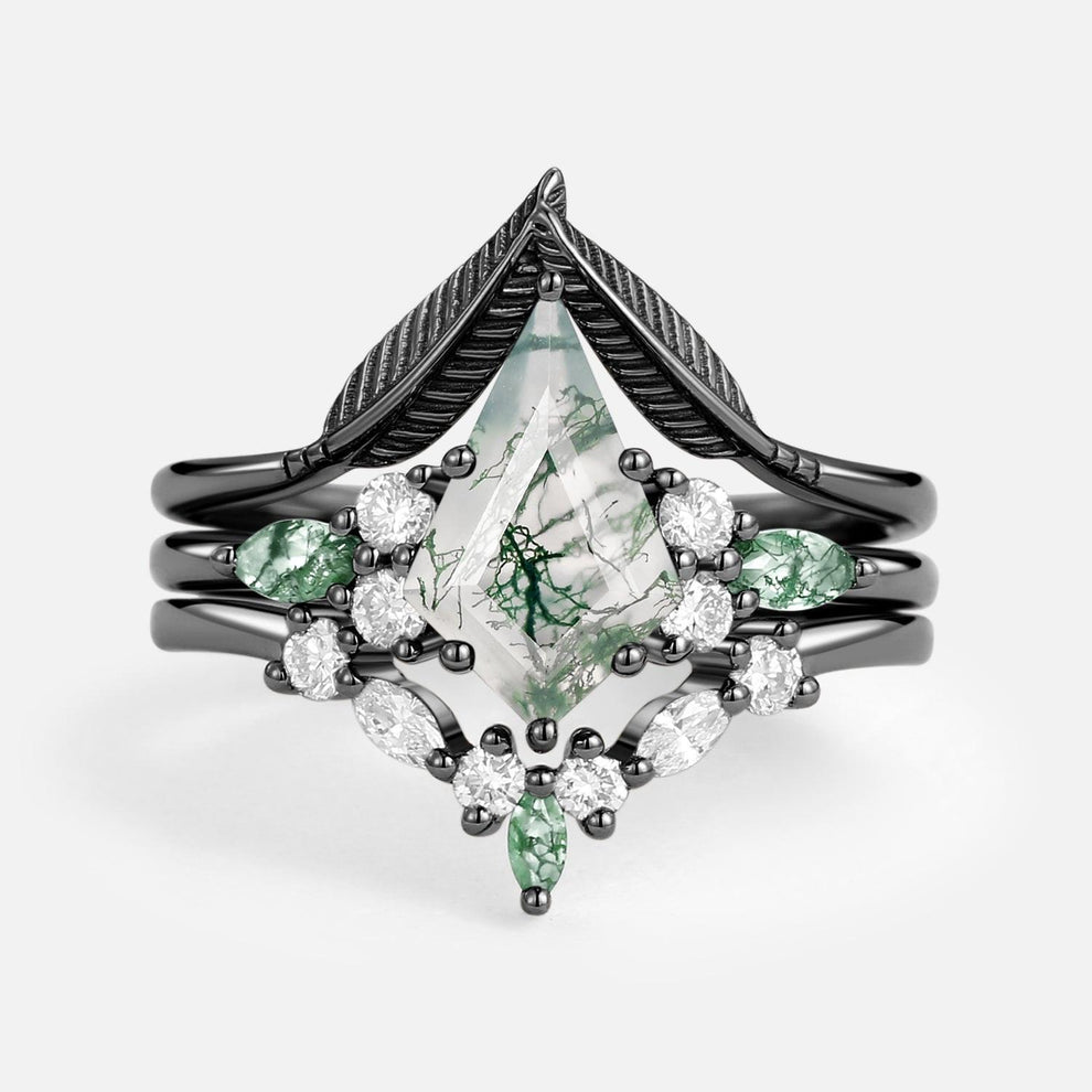Kite Cut Green Moss Agate Three Stone Engagement Bridal Set 3pcs.