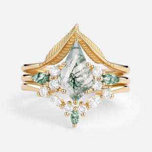 Kite Cut Green Moss Agate Three Stone Engagement Bridal Set 3pcs.