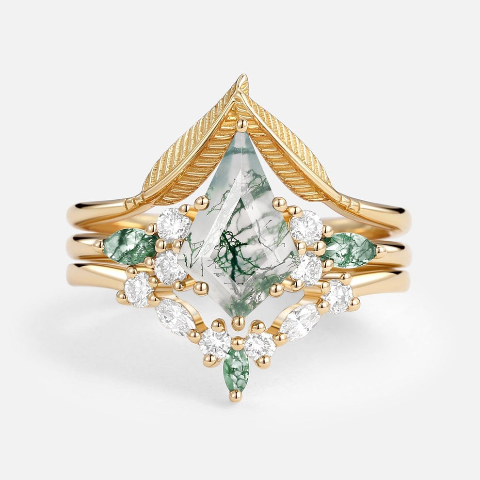 Kite Cut Green Moss Agate Three Stone Engagement Bridal Set 3pcs.