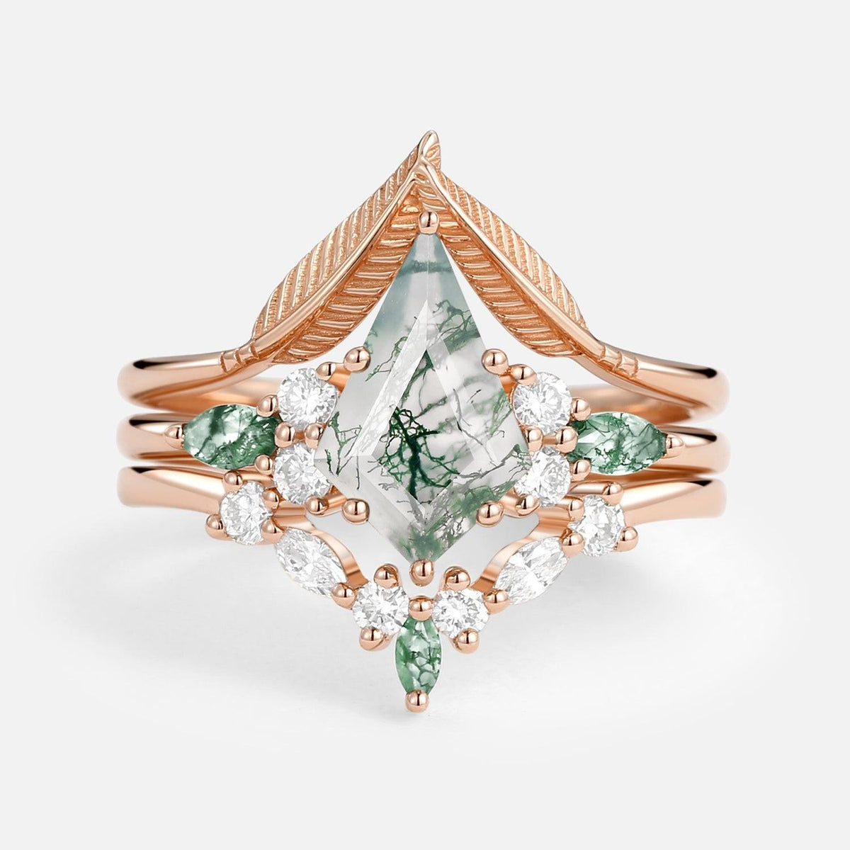 Kite Cut Green Moss Agate Three Stone Engagement Bridal Set 3pcs.