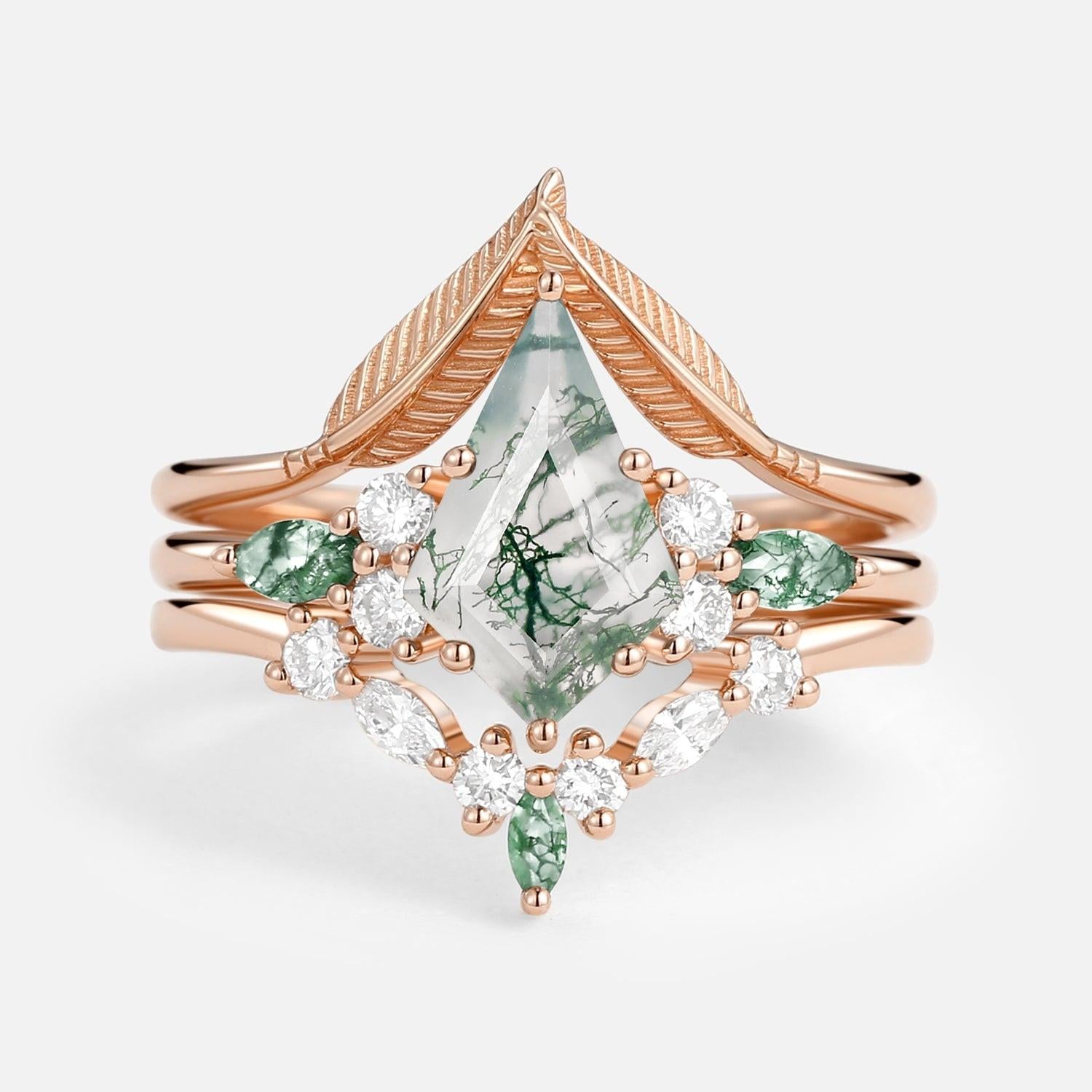Kite Cut Green Moss Agate Three Stone Engagement Bridal Set 3pcs.