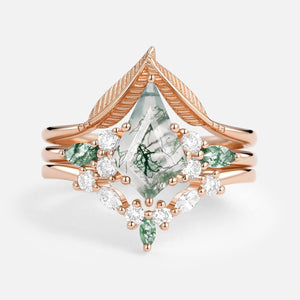 Kite Cut Green Moss Agate Three Stone Engagement Bridal Set 3pcs.